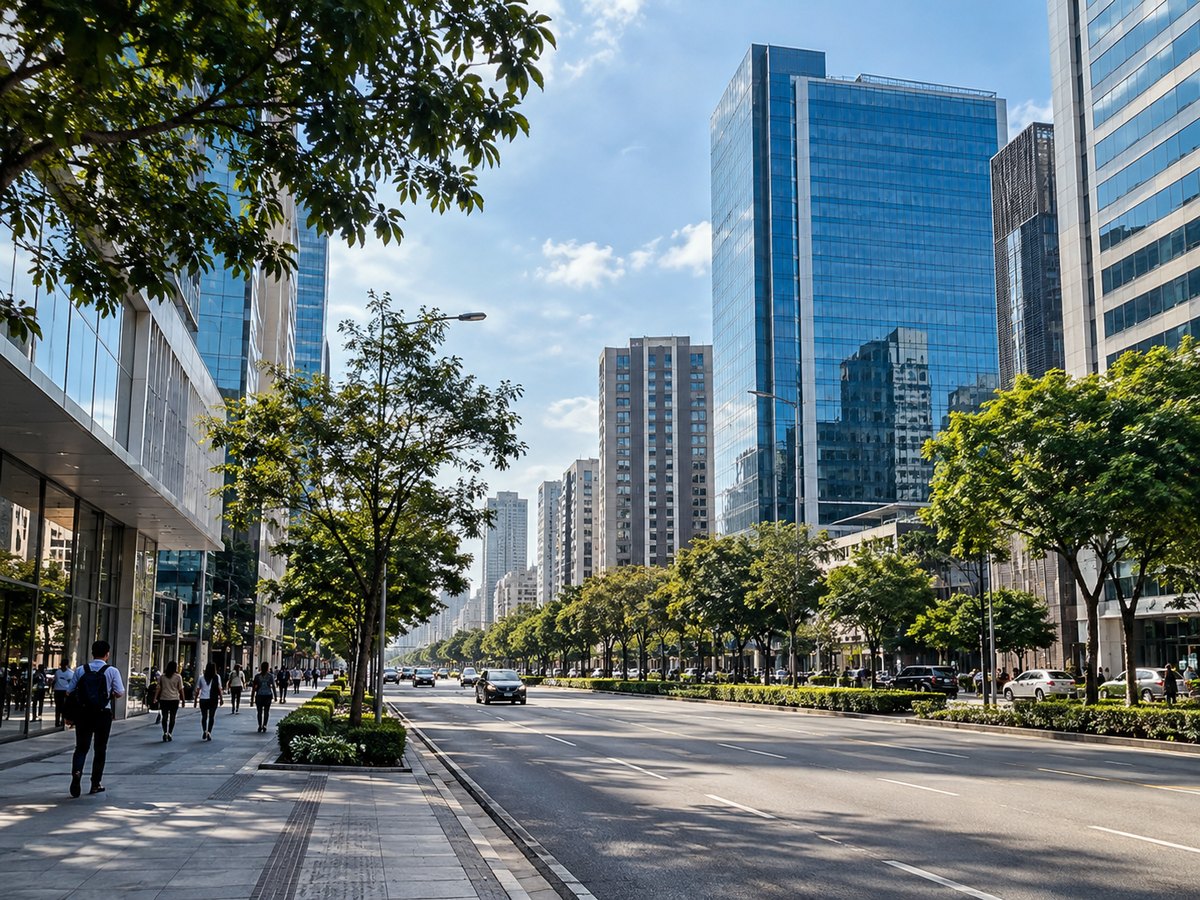 Avenida urbana com árvores, edifícios e pedestres distantes em uma manhã clara. Imagem ilustrativa.